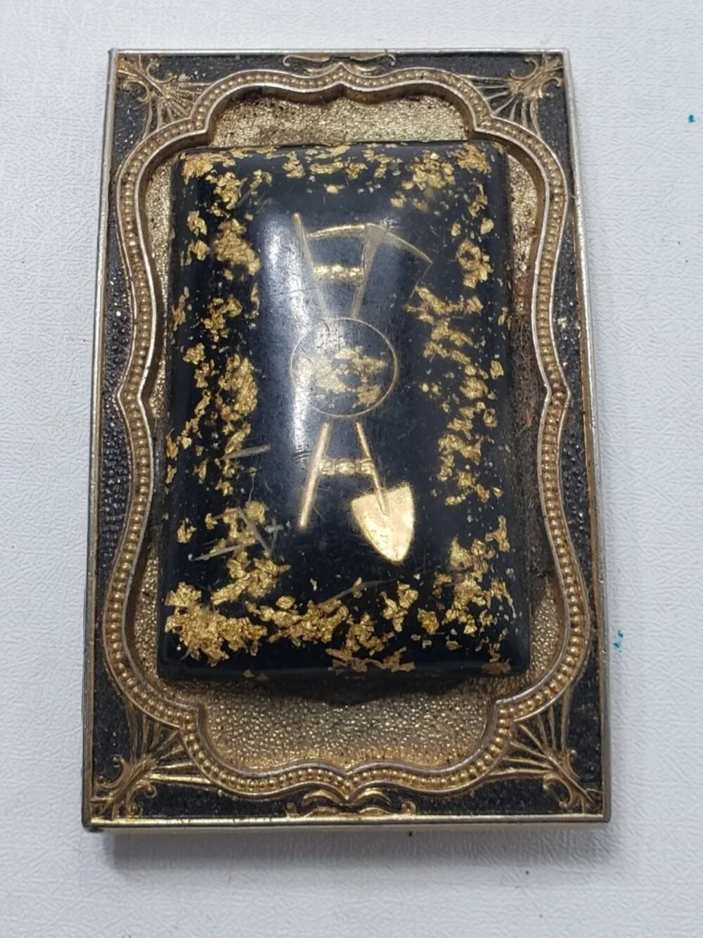 Vintage Gold Tone Black Mining Prospector Pick Shovel Western Belt Buckle